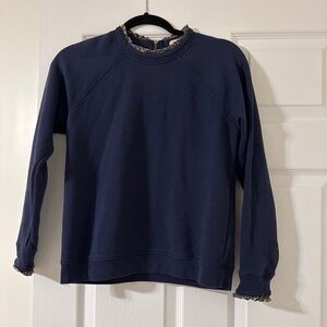 Navy Blue Crewneck Sweatshirt with Floral Trim Detail